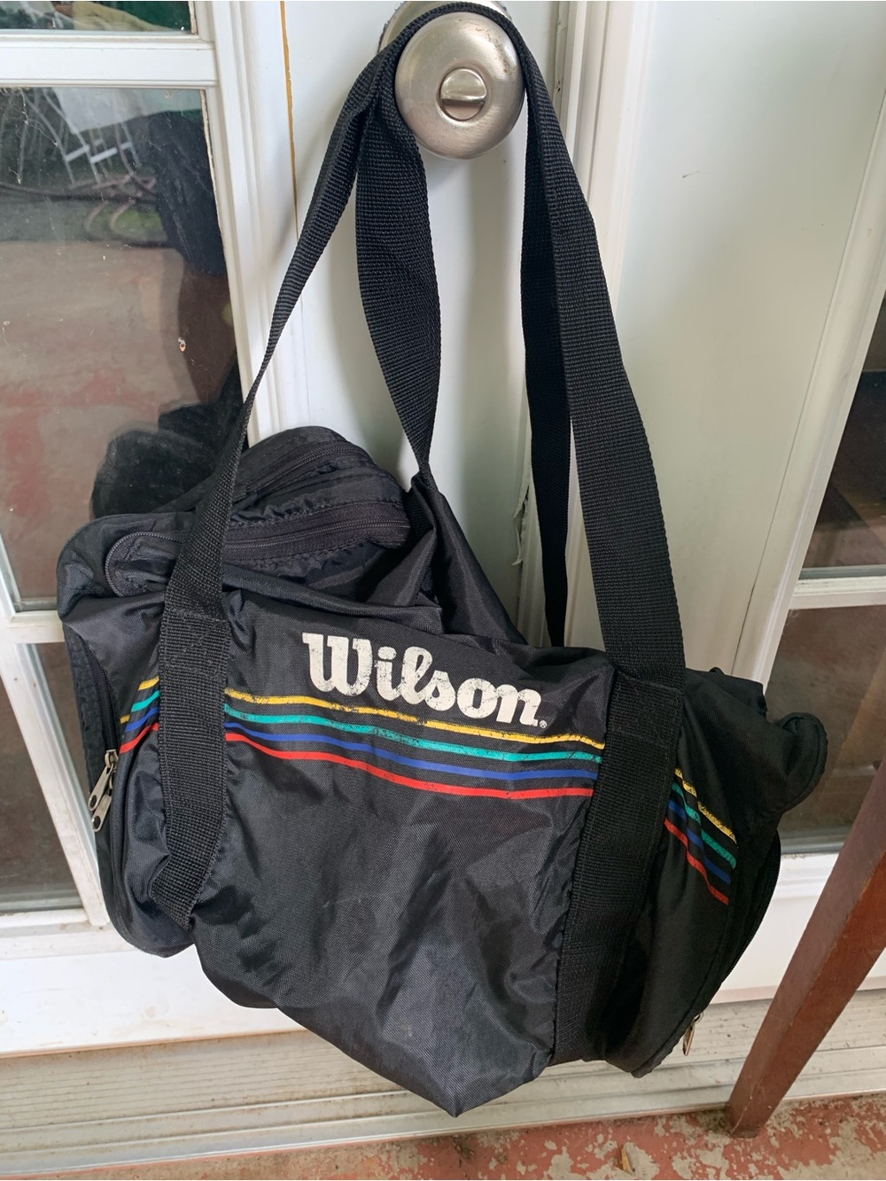 Vintage 70 80s Wilson Black Duffel Gym  Bag with multicolor Stripes
